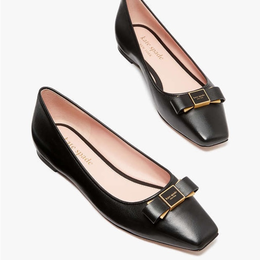 Kate Spade Black Square-Toe Flats with Gold Bow PRELOVED 🌺